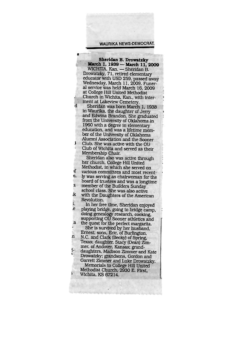 Sheridan Brandon Drowatzky obit