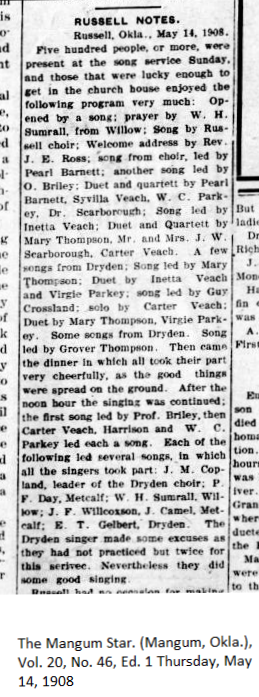 Russell Notes, Mangum Star, May 14, 1908