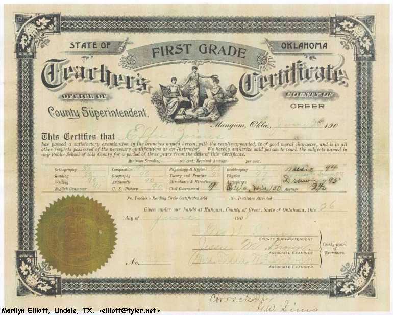 1908 Oklahoma Teacher Certificate